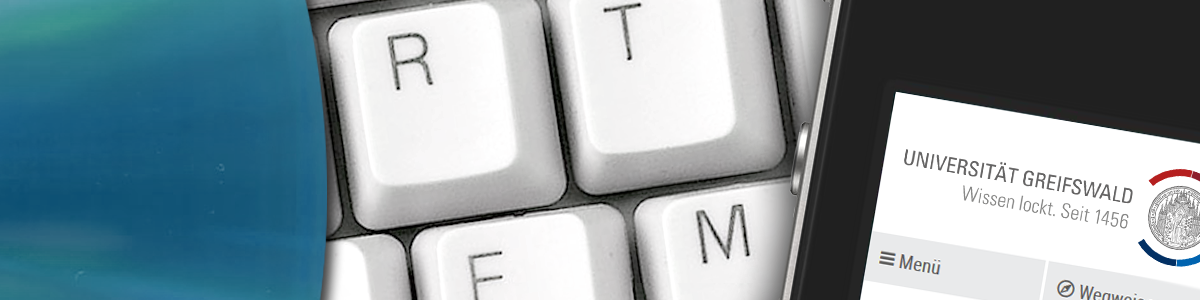 Symbolbild: Eine Computertastatur auf der links eine CD und rechts ein Smartphone mit der geöffneten Startseite der Universität liegt. Die sichtbaren Tasten der Tastatur sind R T F M.